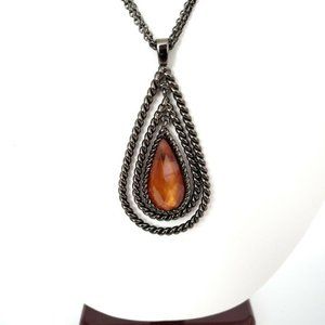 Dark Gunmetal Necklace Teardrop Pendant With Faceted Teardrop Bead 16"
